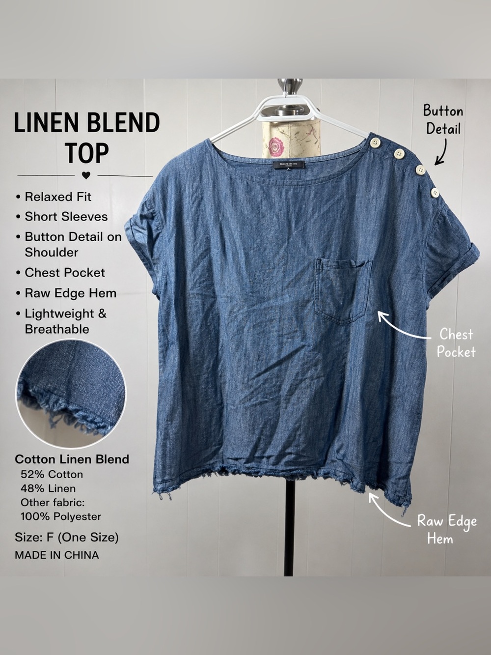 Nanea & company Relaxed Blue Linen Blend Short Sleeve Top with Pocket, size M